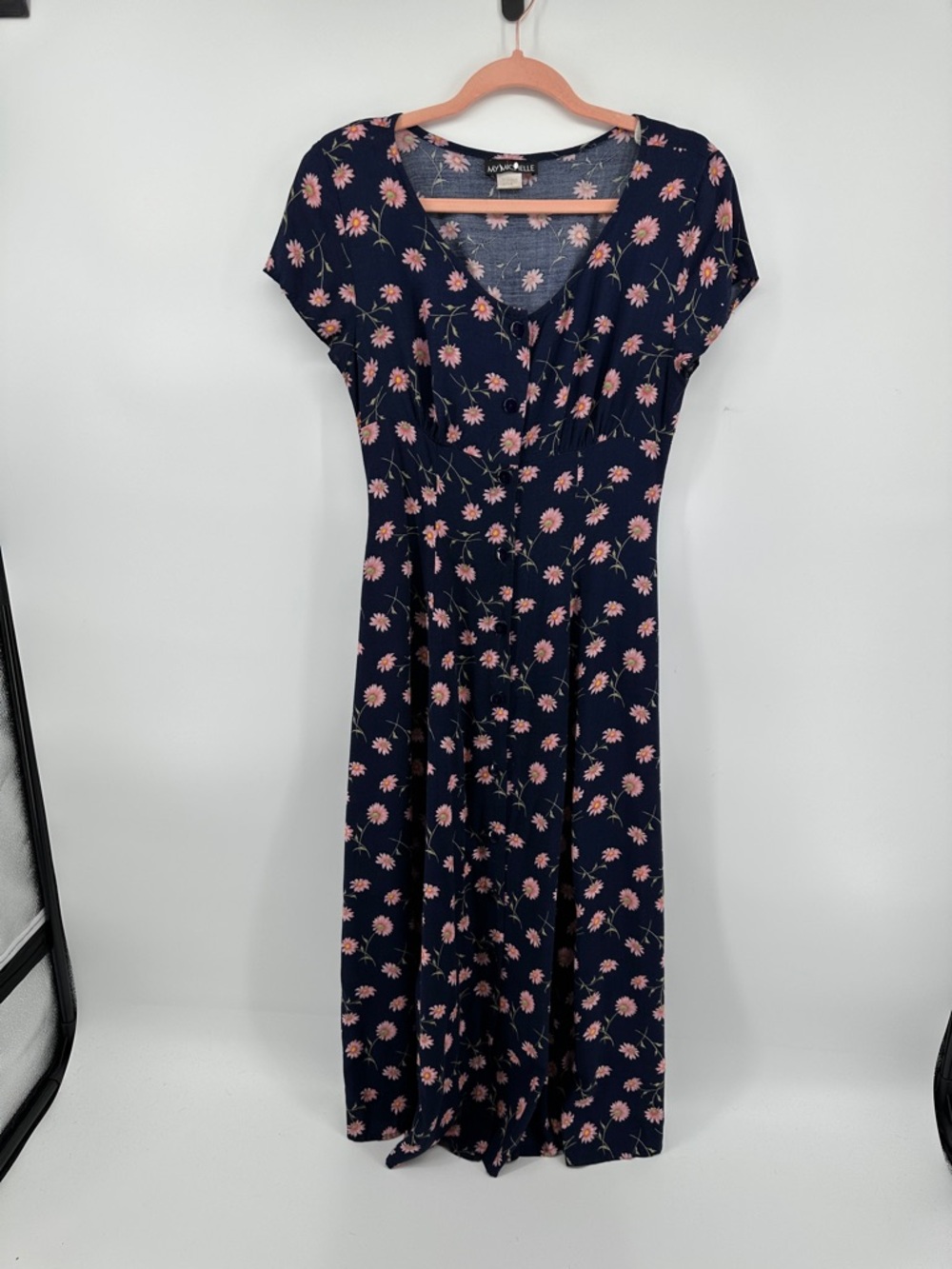 MyMichelle VTG 90s Cottagecore Boho Whimsical Navy Floral Midi Dress Sz9/10